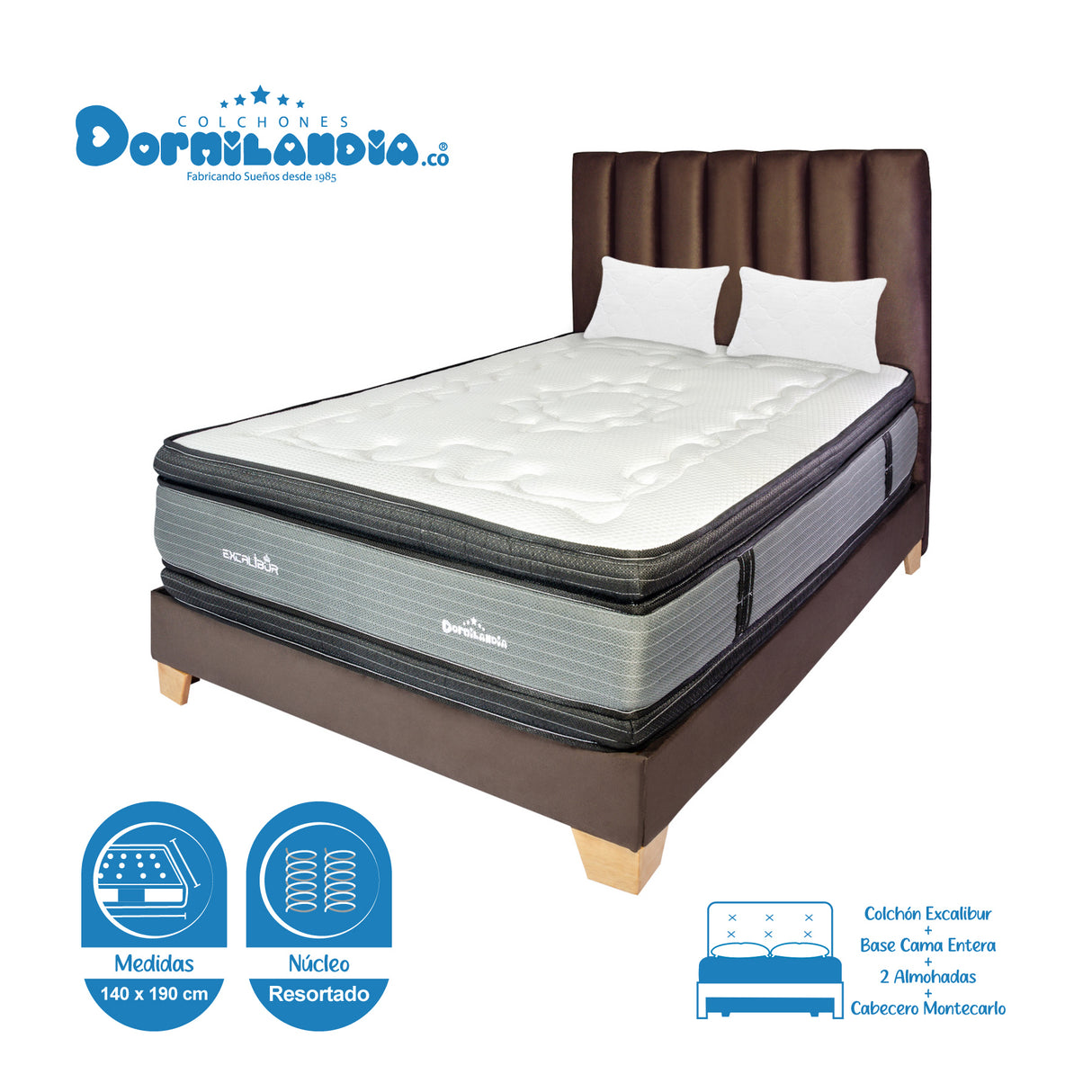 Combo Colchón Excalibur Gris y Azul Doble 140 X 190 Cm Firmeza Medio Doble Faz Con Cabecero y Base Cama - COLCHONES | Bylmo