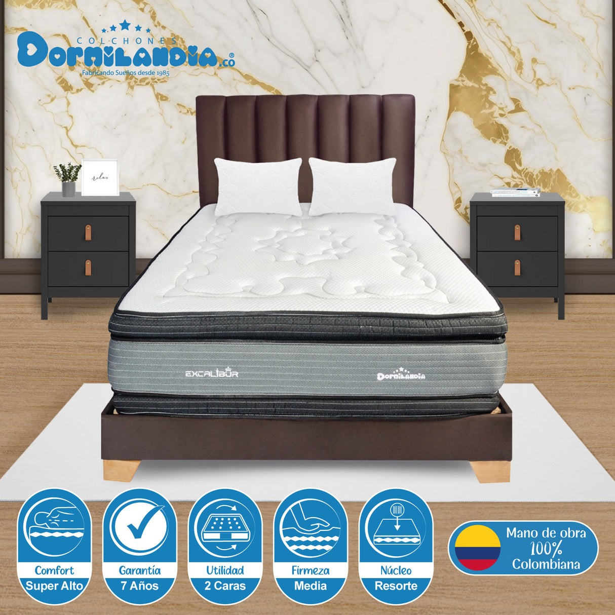 Combo Colchón Excalibur Gris y Azul Queen 160 X 190 Cm Firmeza Medio Doble Faz Con Cabecero y Base Cama - COLCHONES | Bylmo