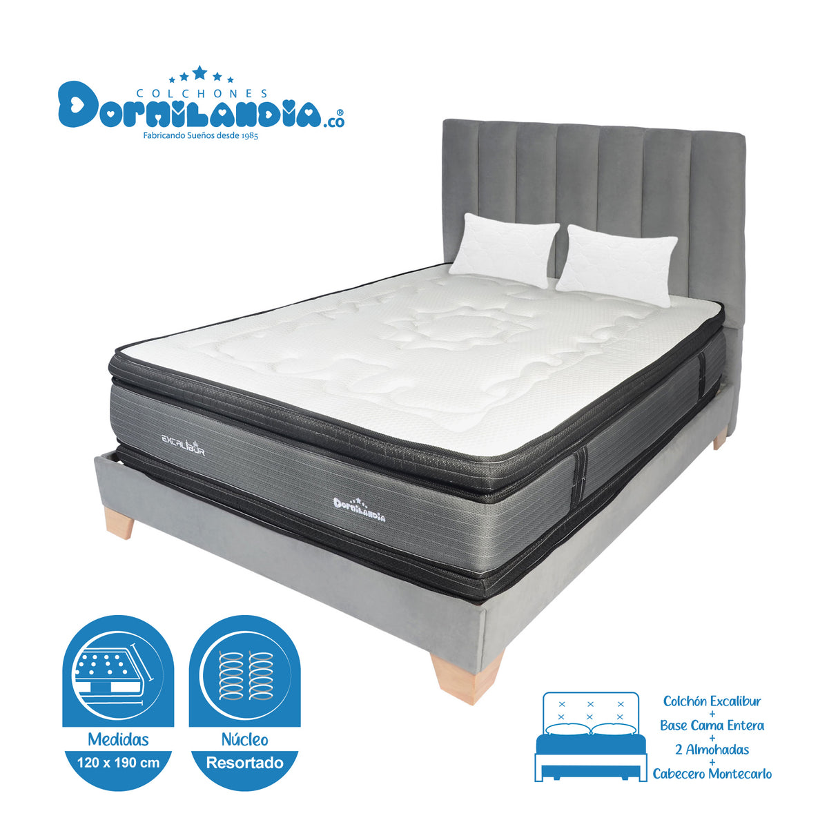 Combo Colchón Excalibur Gris y Cafe Semidoble 120 X 190 Cm Firmeza Medio Doble Faz Con Cabecero y Base Cama - COLCHONES | Bylmo