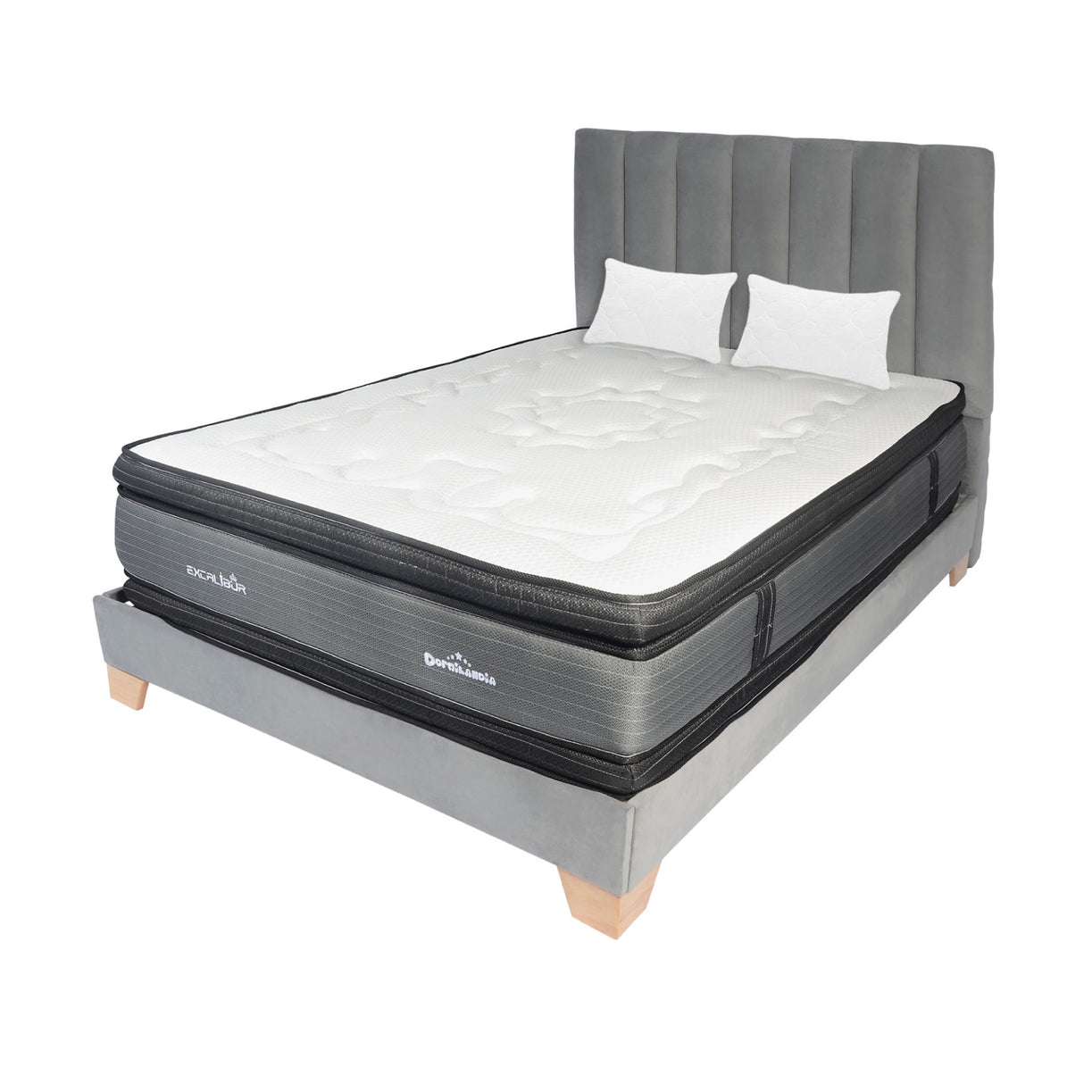 Combo Colchón Excalibur Gris y Cafe Doble 140 X 190 Cm Firmeza Medio Doble Faz Con Cabecero y Base Cama - COLCHONES | Bylmo