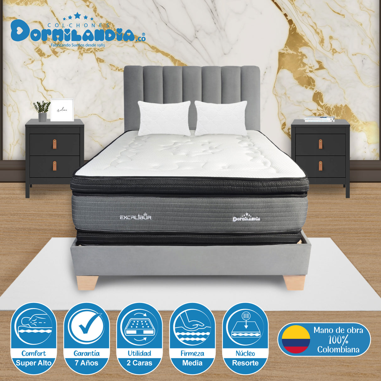 Combo Colchón Excalibur Gris y Cafe Queen 160 X 190 Cm Firmeza Medio Doble Faz Con Cabecero y Base Cama - COLCHONES | Bylmo