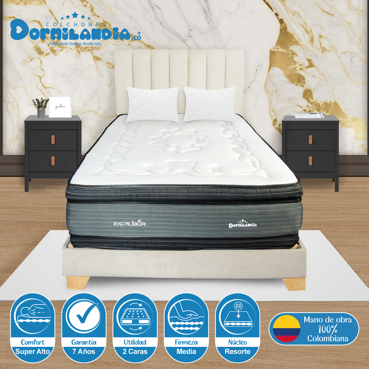 Combo Colchón Excalibur Gris Doble 140 X 190 Cm Firmeza Medio Doble Faz Con Cabecero y Base Cama - COLCHONES | Bylmo
