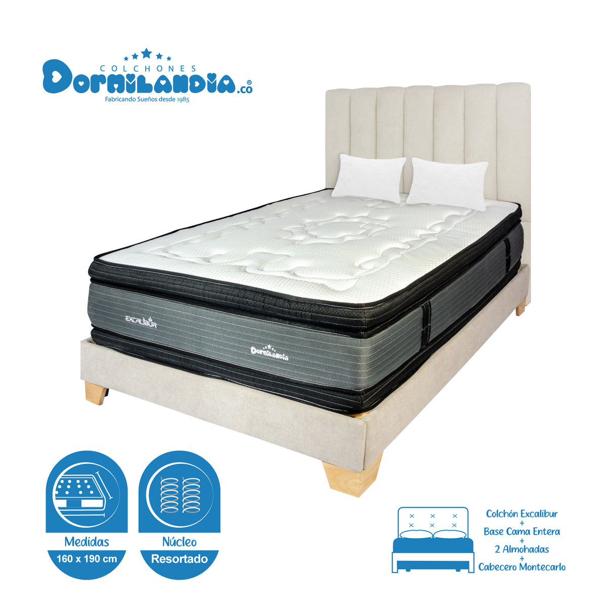 Combo Colchón Excalibur Gris Queen 160 X 190 Cm Firmeza Medio Doble Faz Con Cabecero y Base Cama - COLCHONES | Bylmo