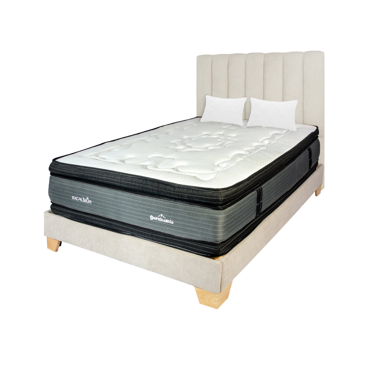 Combo Colchón Excalibur Gris King 200 X 200 Cm Firmeza Medio Doble Faz Con Cabecero y Base Cama - COLCHONES | Bylmo