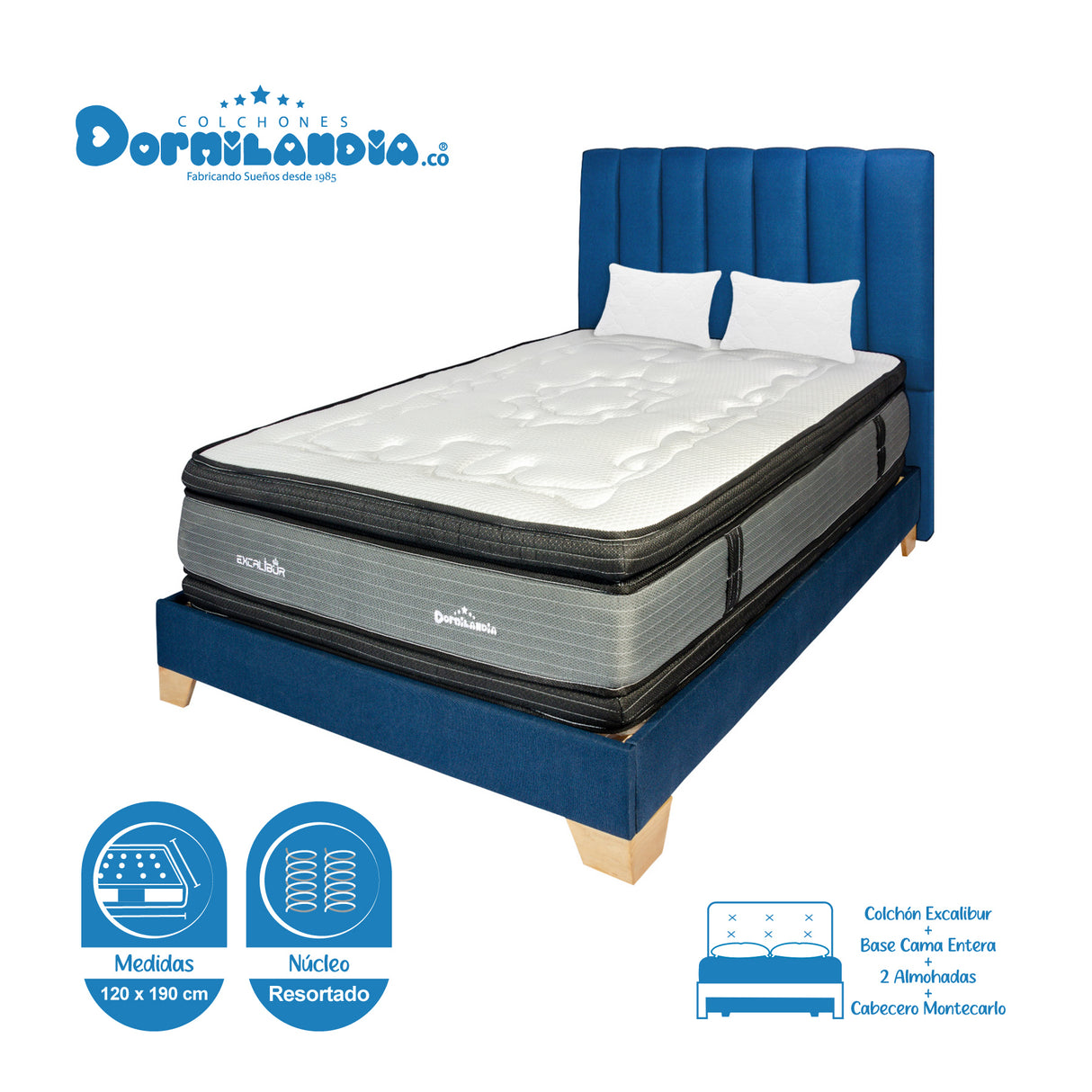 Combo Colchón Excalibur Gris y Negro Semidoble 120 X 190 Cm Firmeza Medio Doble Faz Con Cabecero y Base Cama - COLCHONES | Bylmo