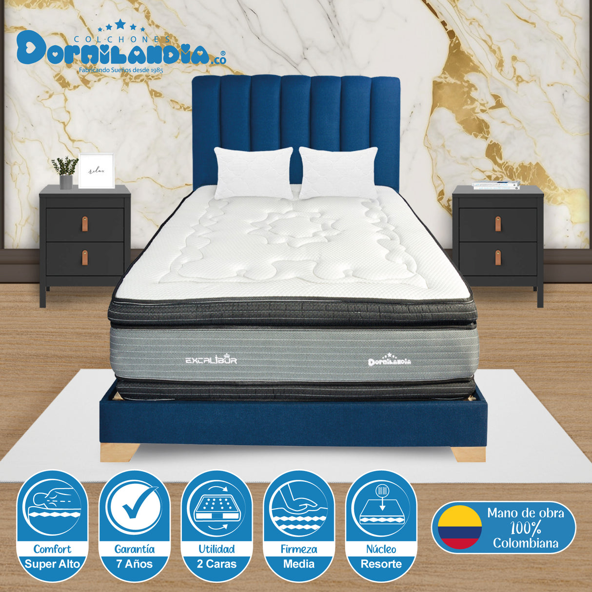 Combo Colchón Excalibur Gris y Negro King 200 X 200 Cm Firmeza Medio Doble Faz Con Cabecero y Base Cama - COLCHONES | Bylmo