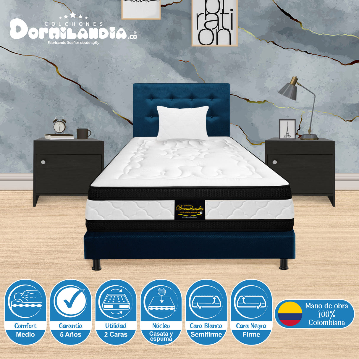 Combo Colchón Casata Blanco y Azul Sencillo 100 X 190 Cm Firmeza Medio Firme Doble Faz Con Cabecero y Base Cama - COLCHONES | Bylmo