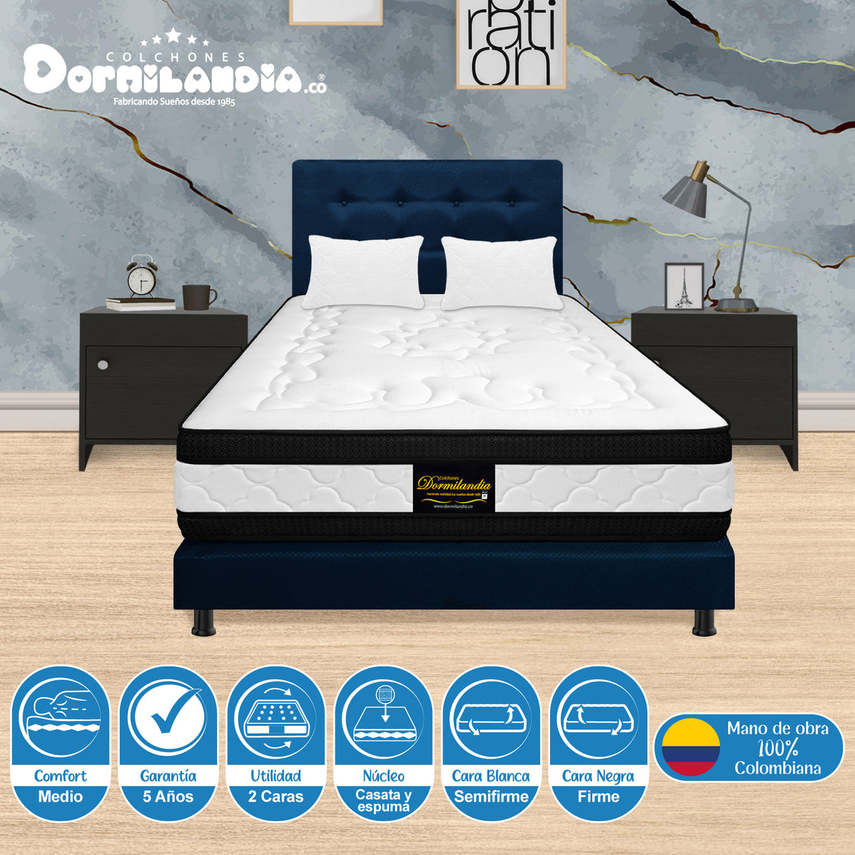 Combo Colchón Casata Blanco y Azul Queen 160 X 190 Cm Firmeza Medio Firme Doble Faz Con Cabecero y Base Cama - COLCHONES | Bylmo