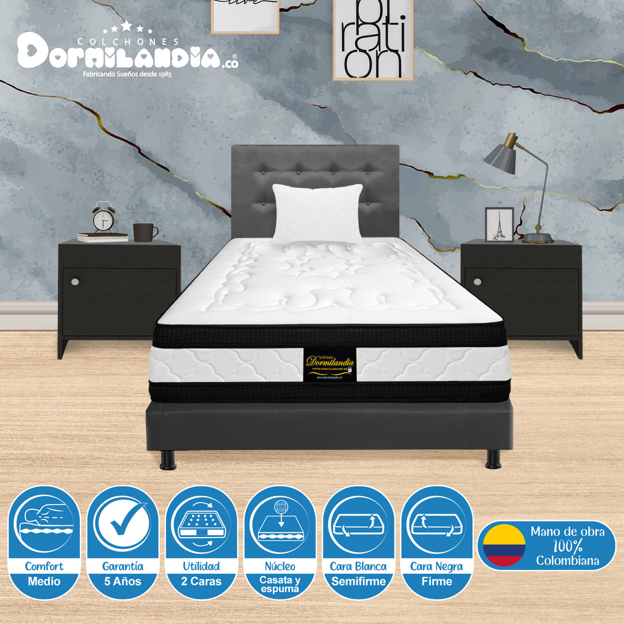 Combo Colchón Casata Blanco y Gris Sencillo 100 X 190 Cm Firmeza Medio Firme Doble Faz Con Cabecero y Base Cama - COLCHONES | Bylmo