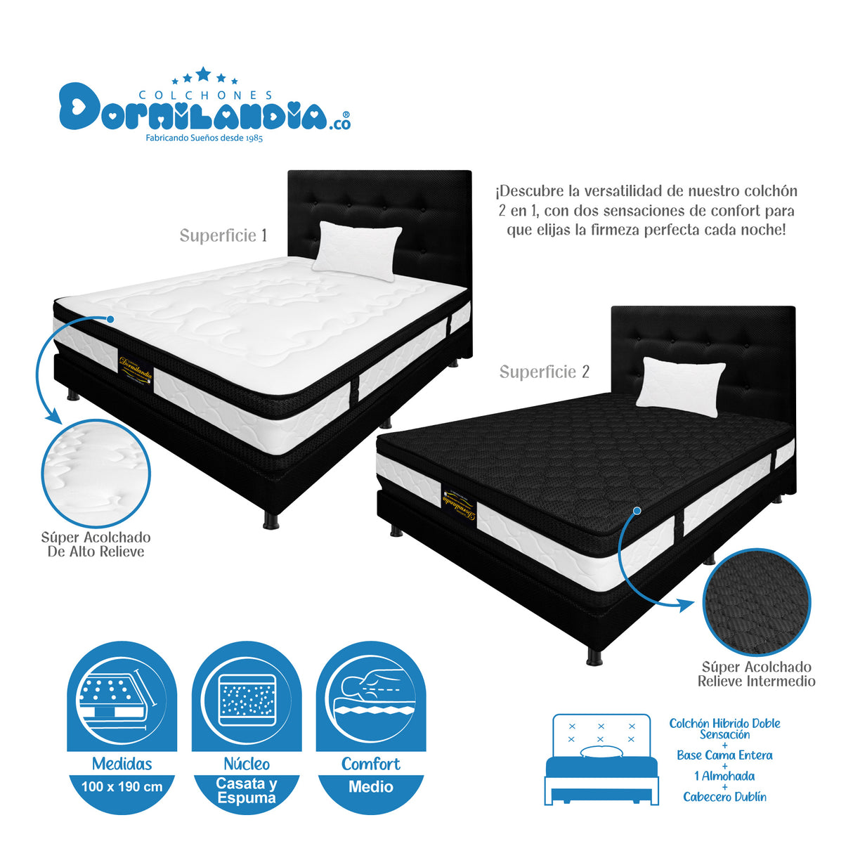 Combo Colchón Casata Blanco y Negro Sencillo 100 X 190 Cm Firmeza Medio Firme Doble Faz Con Cabecero y Base Cama - COLCHONES | Bylmo