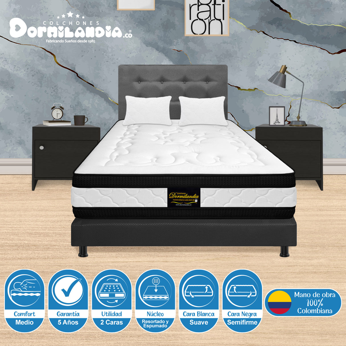 Combo Colchón Blanco y Gris Queen 160 X 190 Cm Firmeza Medio Suave Doble Faz Con Cabecero y Base Cama - COLCHONES | Bylmo