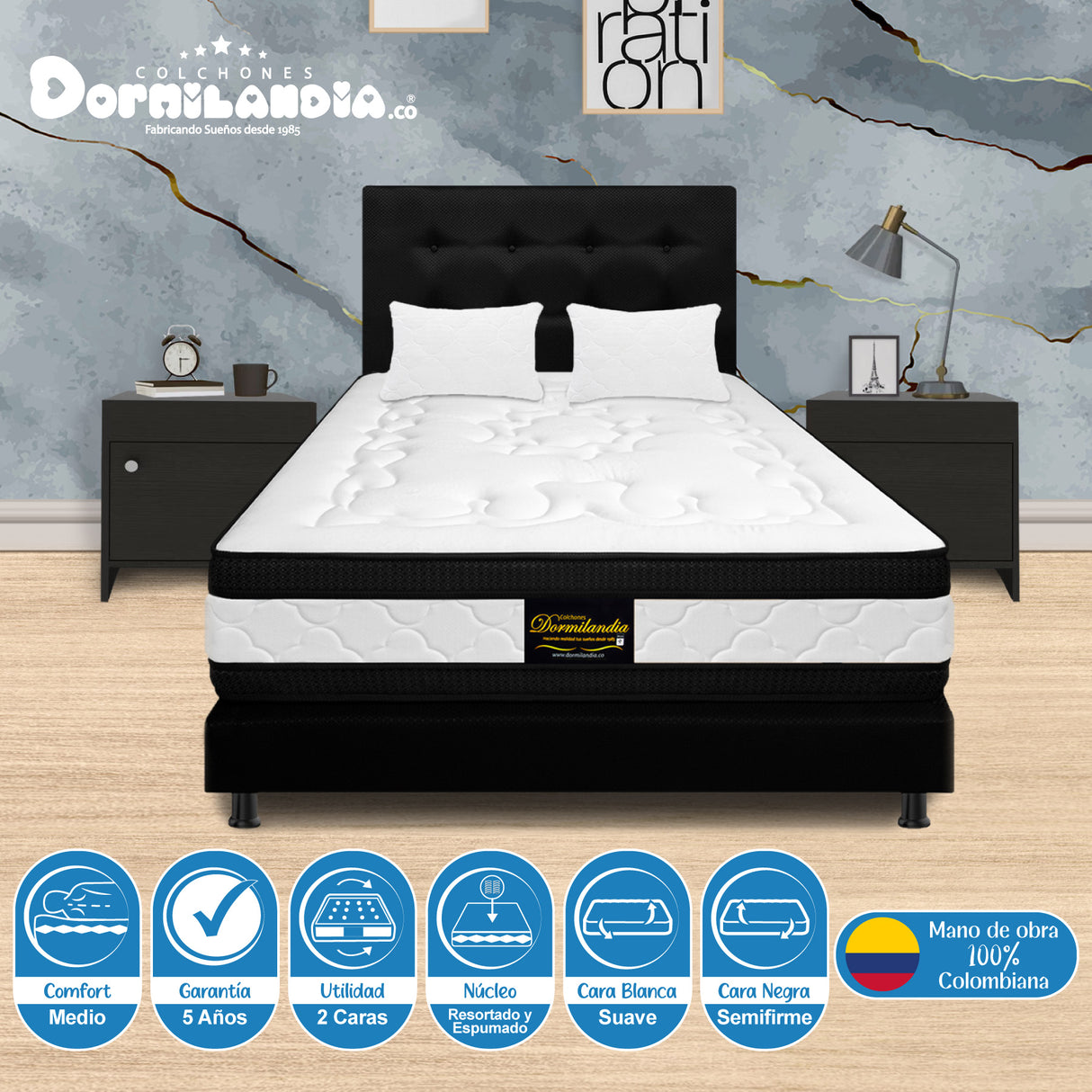 Combo Colchón Blanco y Negro Queen 160 X 190 Cm Firmeza Medio Suave Doble Faz Con Cabecero y Base Cama - COLCHONES | Bylmo