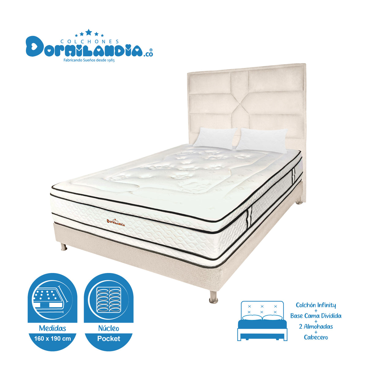 Combo Colchón Infinity Blanco y Arena Queen 160 X 190 Cm Firmeza Medio Firme Doble Faz Con Cabecero y Base Cama - COLCHONES | Bylmo