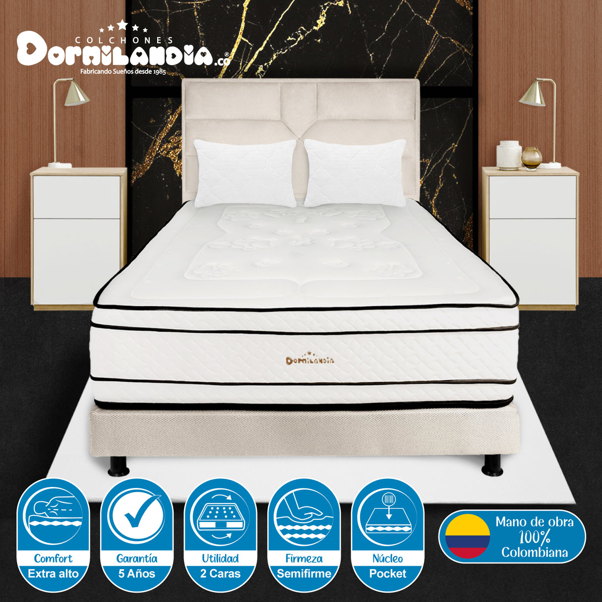 Combo Colchón Infinity Blanco y Arena King 200 X 200 Cm Firmeza Medio Firme Doble Faz Con Cabecero y Base Cama - COLCHONES | Bylmo