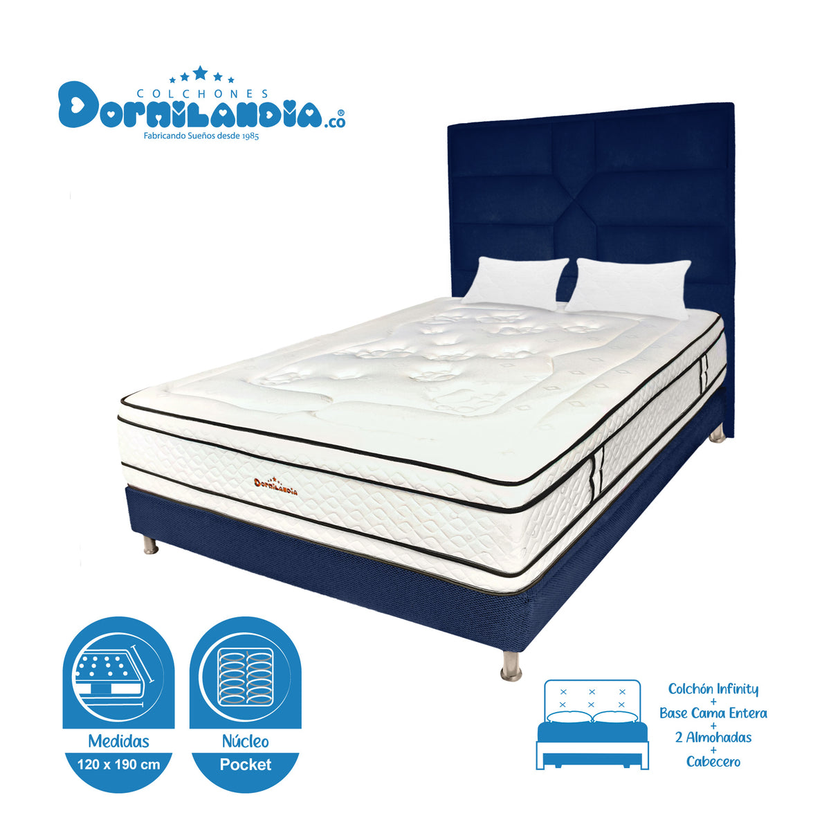 Combo Colchón Infinity Blanco y Azul Semidoble 120 X 190 Cm Firmeza Medio Firme Doble Faz Con Cabecero y Base Cama - COLCHONES | Bylmo