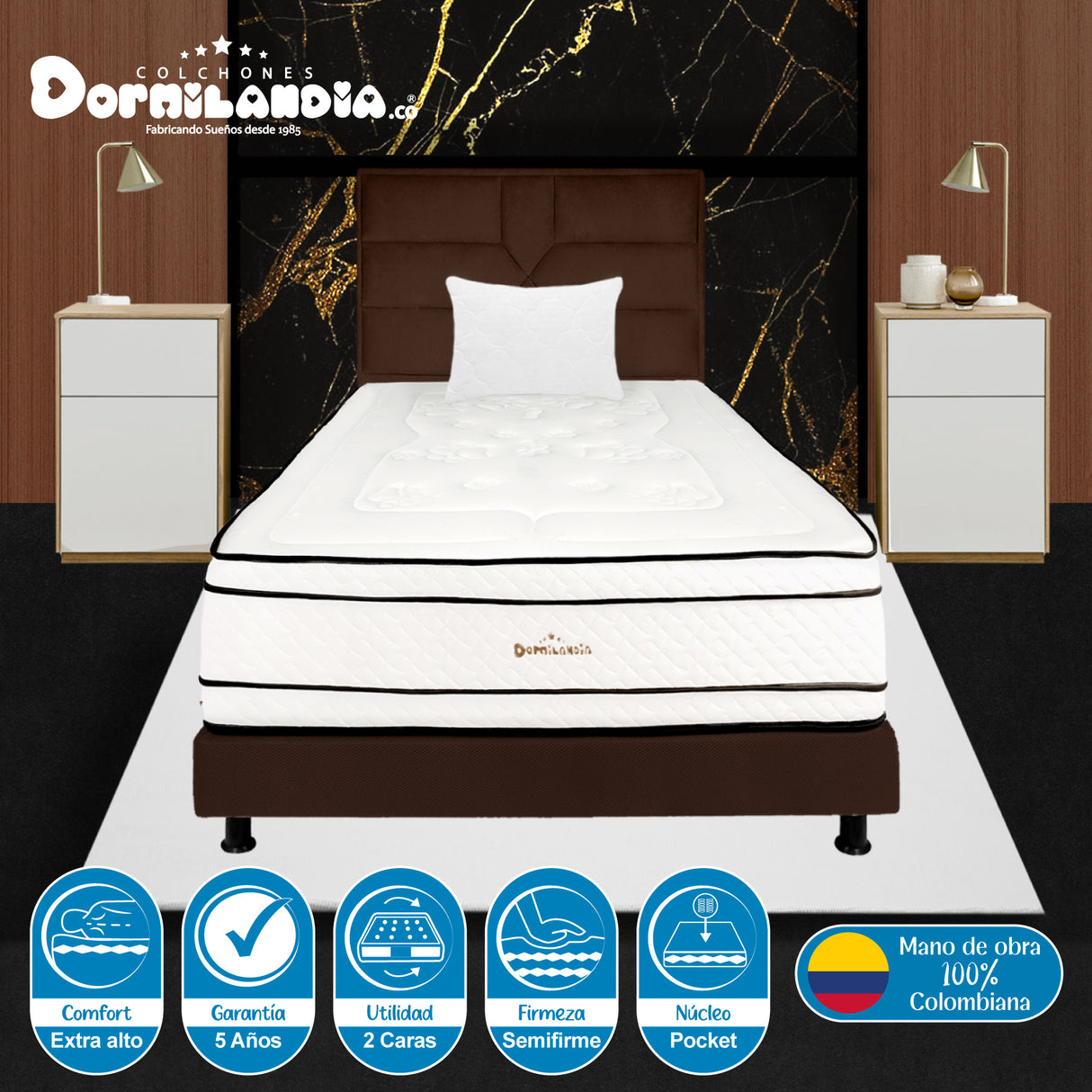 Combo Colchón Infinity Blanco y Cafe Sencillo 100 X 190 Cm Firmeza Medio Firme Doble Faz Con Cabecero y Base Cama - COLCHONES | Bylmo