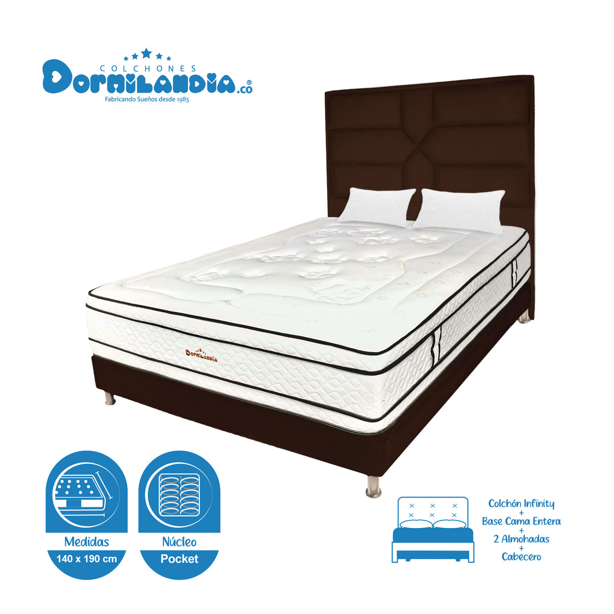 Combo Colchón Infinity Blanco y Cafe Doble 140 X 190 Cm Firmeza Medio Firme Doble Faz Con Cabecero y Base Cama - COLCHONES | Bylmo