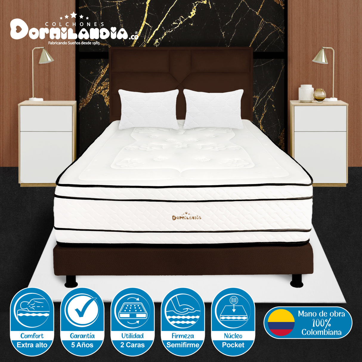Combo Colchón Infinity Blanco y Cafe Queen 160 X 190 Cm Firmeza Medio Firme Doble Faz Con Cabecero y Base Cama - COLCHONES | Bylmo