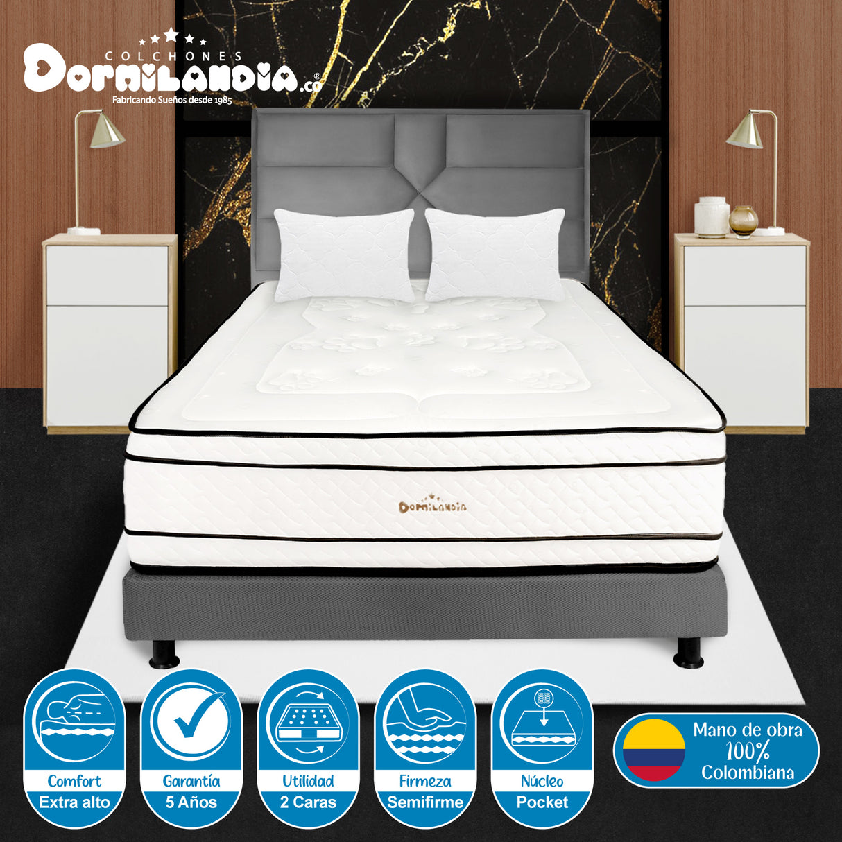 Combo Colchón Infinity Blanco y Gris Queen 160 X 190 Cm Firmeza Medio Firme Doble Faz Con Cabecero y Base Cama - COLCHONES | Bylmo
