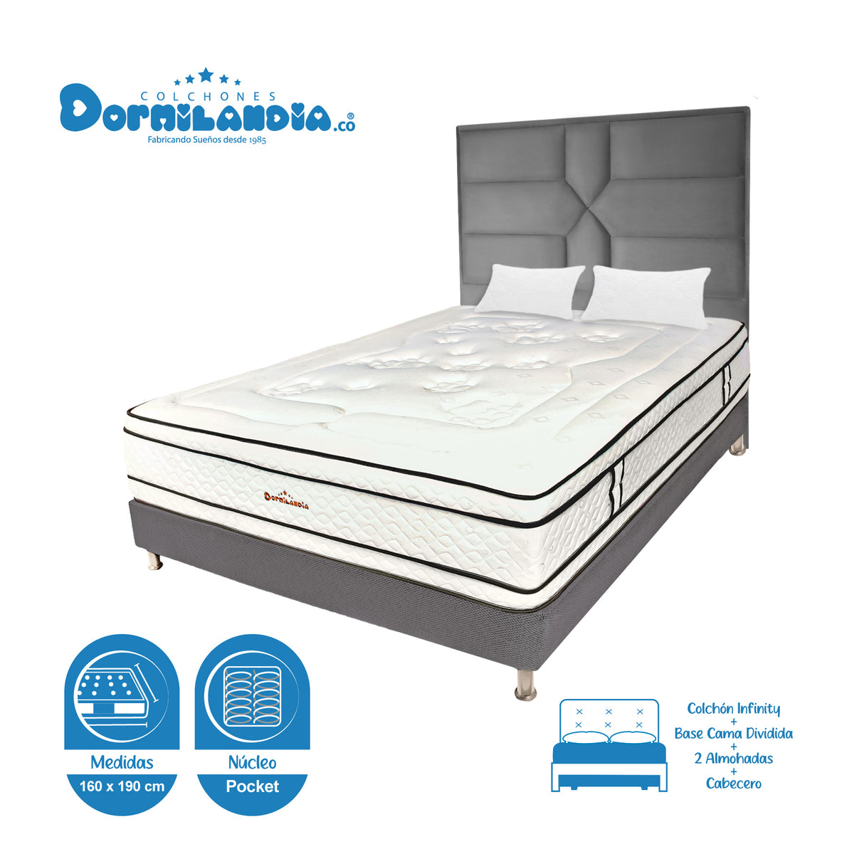 Combo Colchón Infinity Blanco y Gris Queen 160 X 190 Cm Firmeza Medio Firme Doble Faz Con Cabecero y Base Cama - COLCHONES | Bylmo