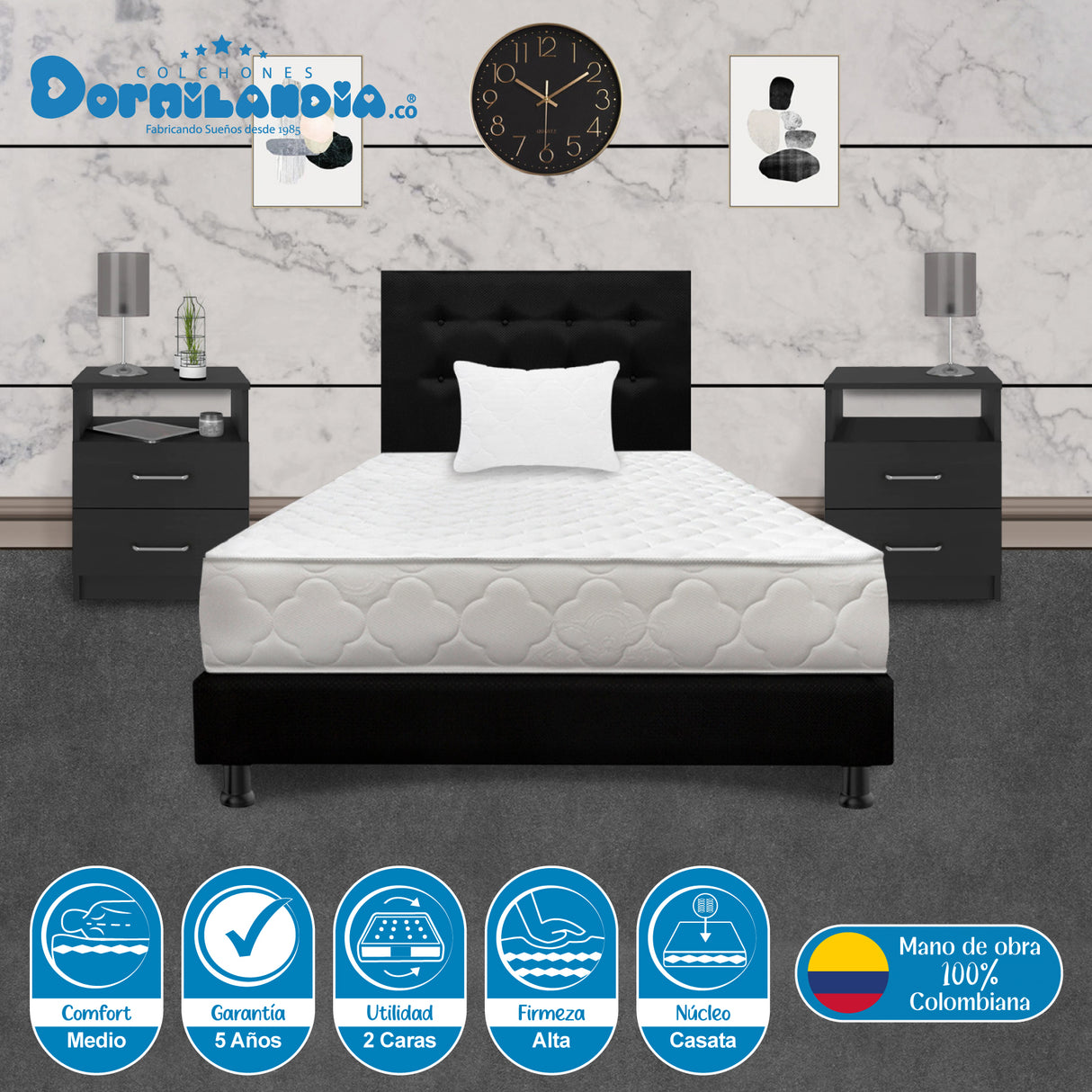 Combo Colchón Macizo Blanco y Negro Sencillo 100 X 190 Cm Firmeza Firme Doble Faz Con Cabecero y Base Cama - COLCHONES | Bylmo