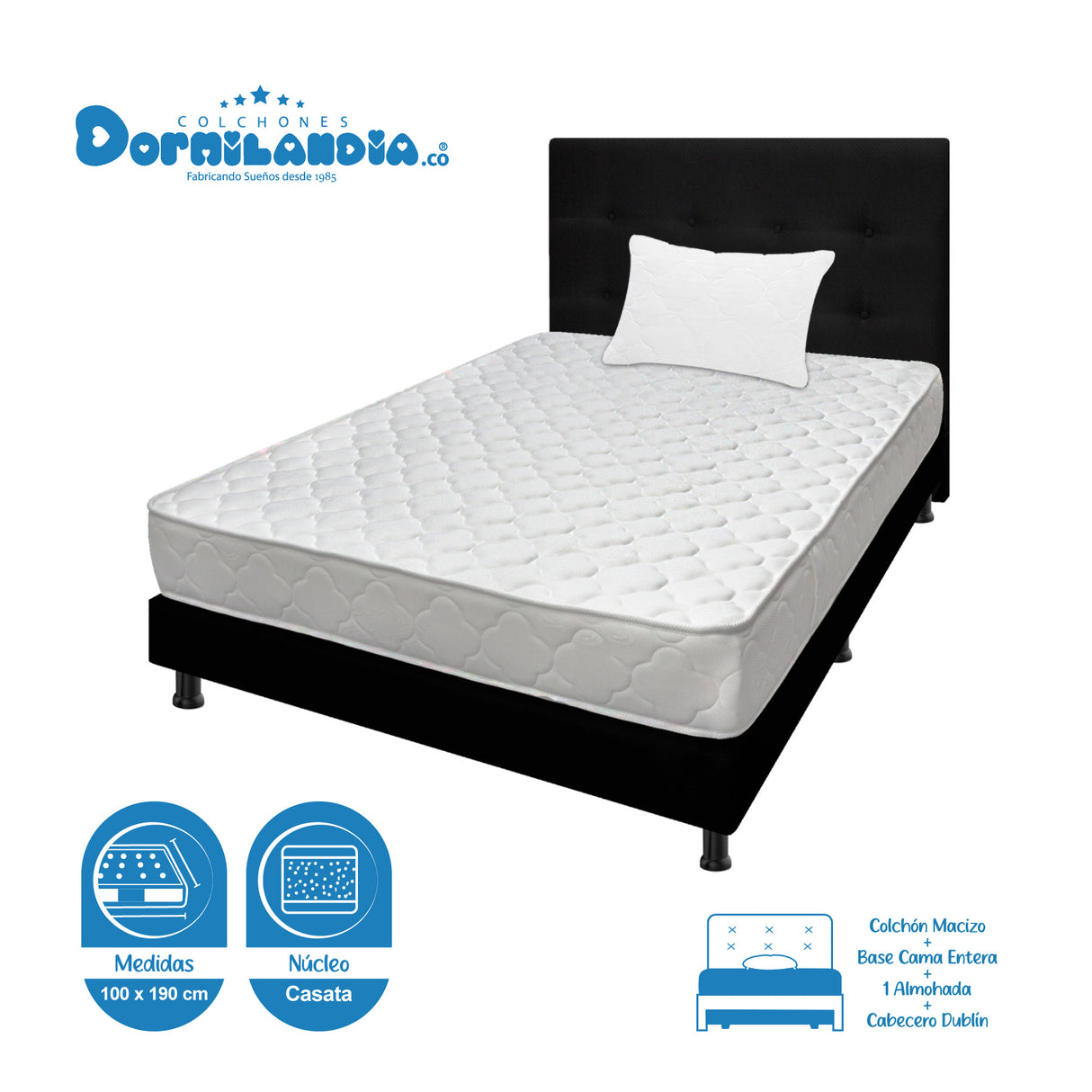 Combo Colchón Macizo Blanco y Negro Sencillo 100 X 190 Cm Firmeza Firme Doble Faz Con Cabecero y Base Cama - COLCHONES | Bylmo