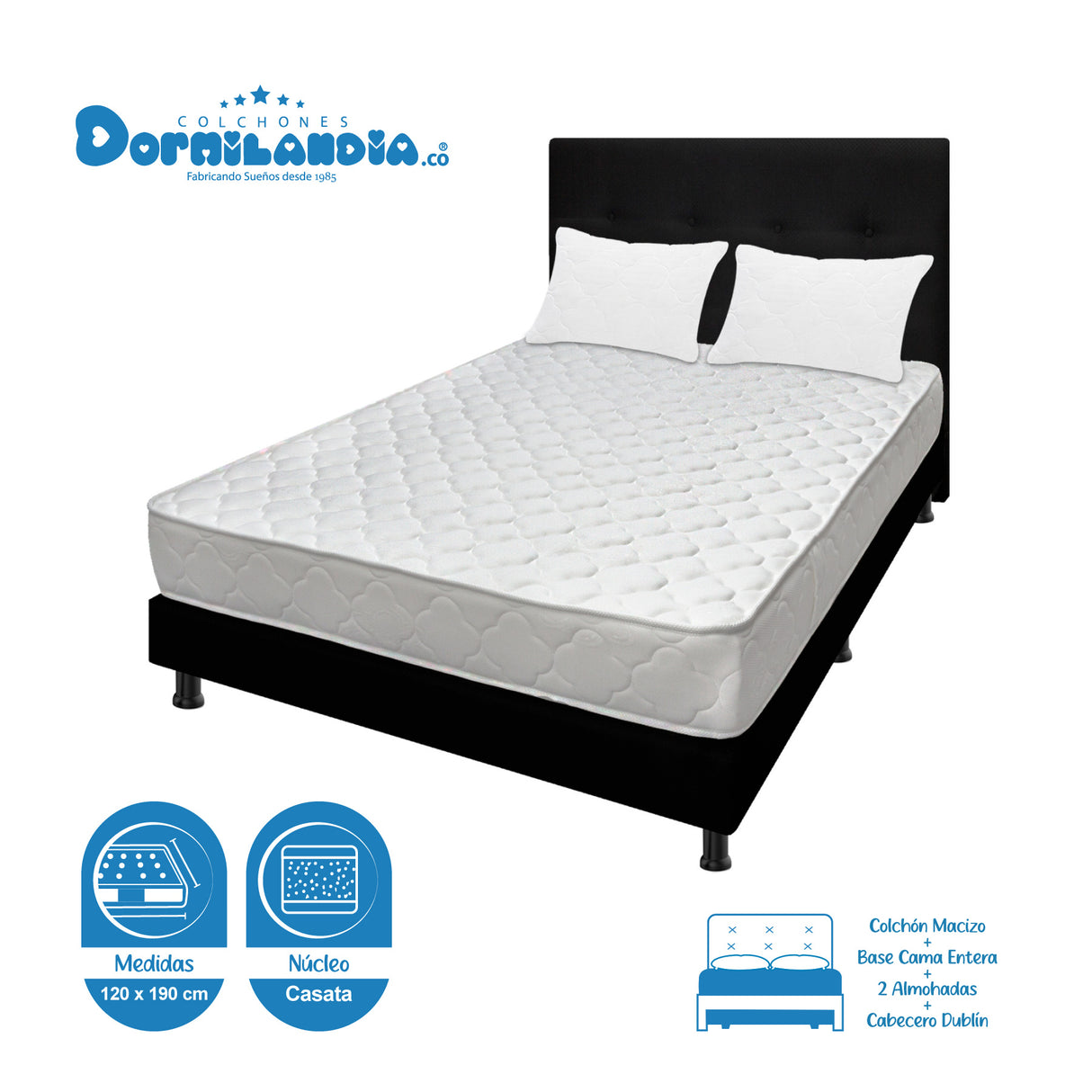 Combo Colchón Macizo Blanco y Negro Semidoble 120 X 190 Cm Firmeza Firme Doble Faz Con Cabecero y Base Cama - COLCHONES | Bylmo