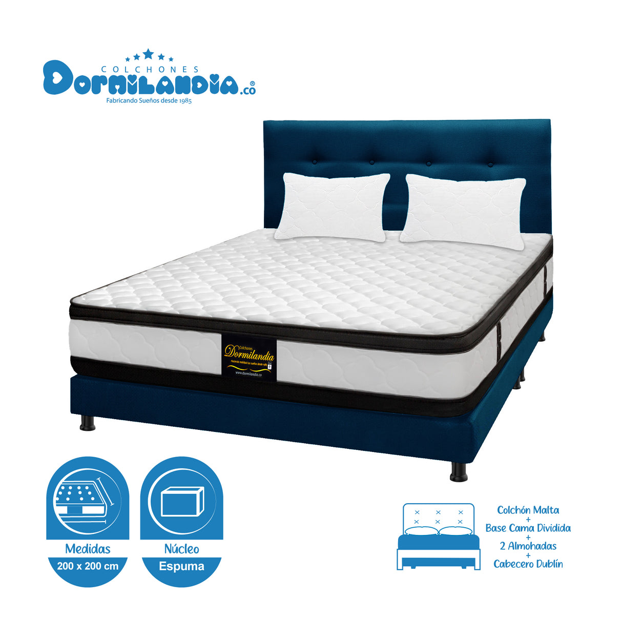 Combo Colchón Malta Blanco y Azul King 200 X 200 Cm Firmeza Firme Doble Faz Con Cabecero y Base Cama - COLCHONES | Bylmo