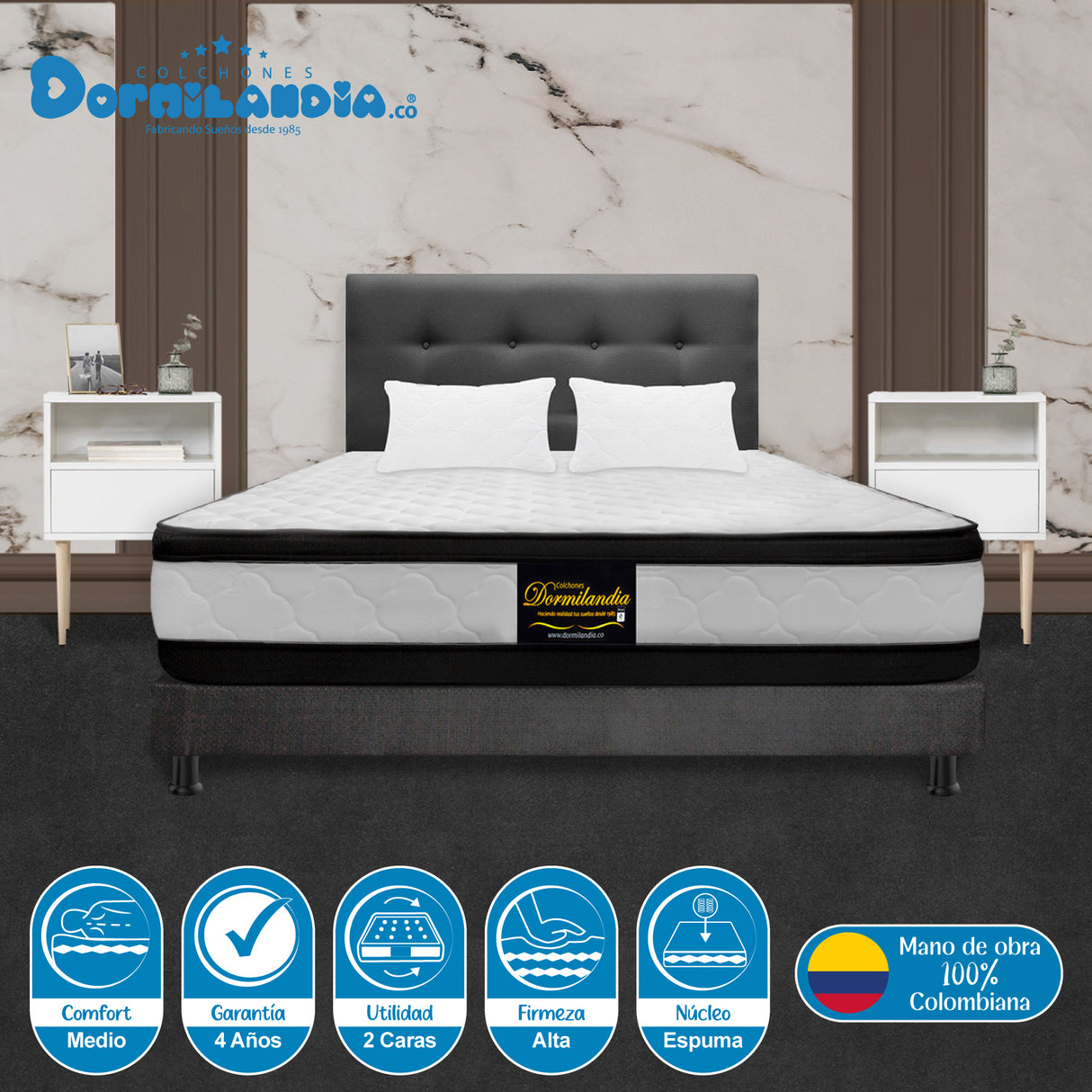 Combo Colchón Malta Blanco y Gris Queen 160 X 190 Cm Firmeza Firme Doble Faz Con Cabecero y Base Cama - COLCHONES | Bylmo