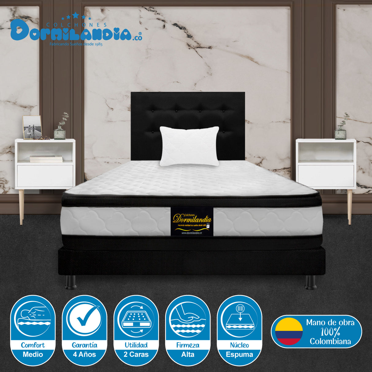 Combo Colchón Malta Blanco y Negro Sencillo 100 X 190 Cm Firmeza Firme Doble Faz Con Cabecero y Base Cama - COLCHONES | Bylmo