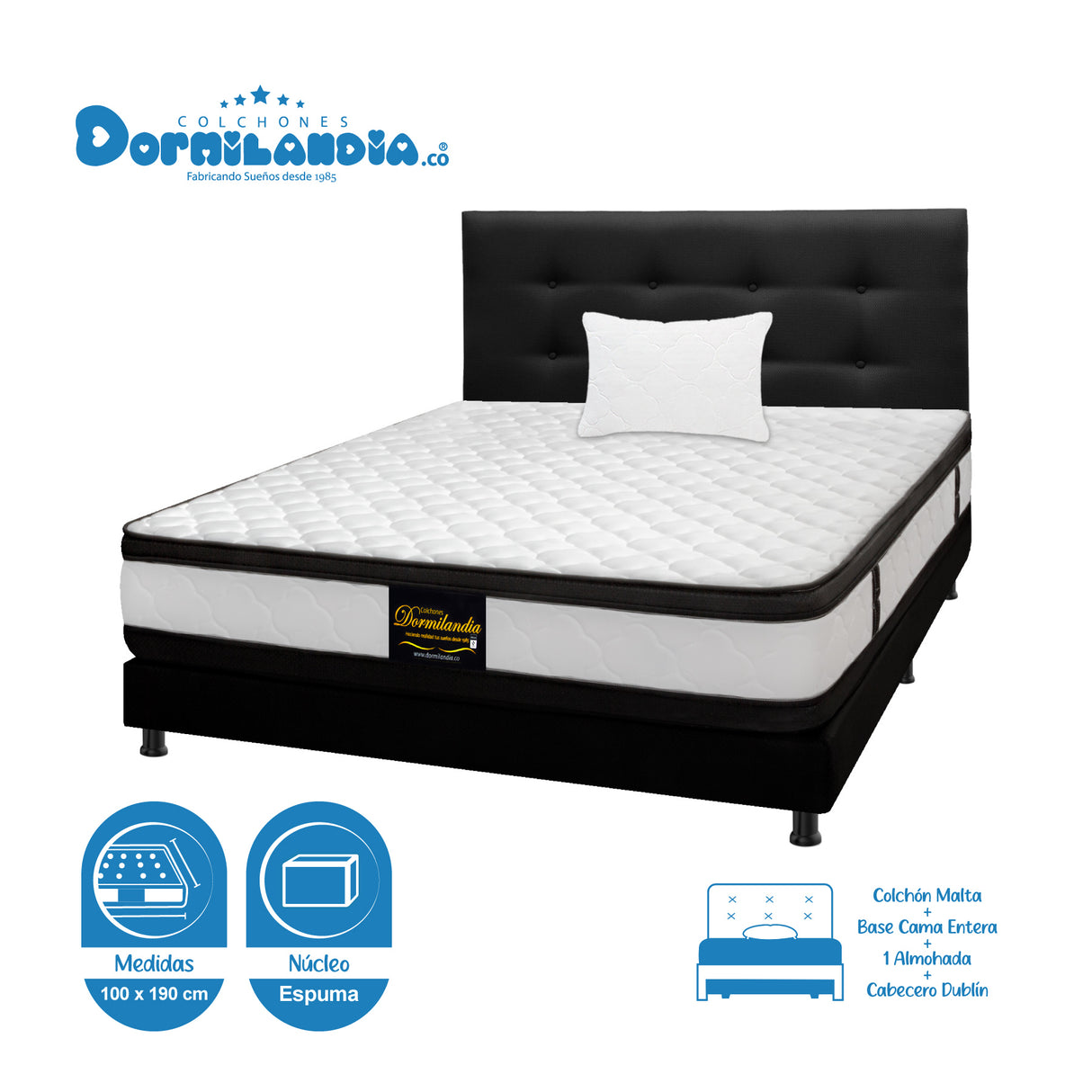 Combo Colchón Malta Blanco y Negro Sencillo 100 X 190 Cm Firmeza Firme Doble Faz Con Cabecero y Base Cama - COLCHONES | Bylmo