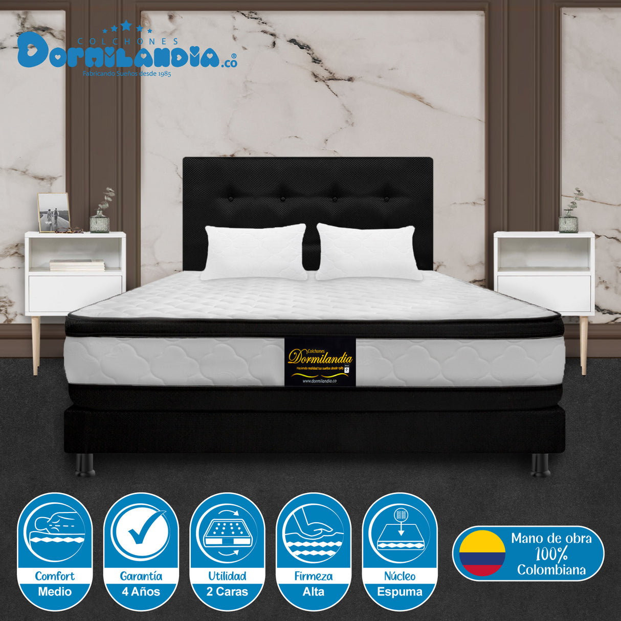 Combo Colchón Malta Blanco y Negro Semidoble 120 X 190 Cm Firmeza Firme Doble Faz Con Cabecero y Base Cama - COLCHONES | Bylmo