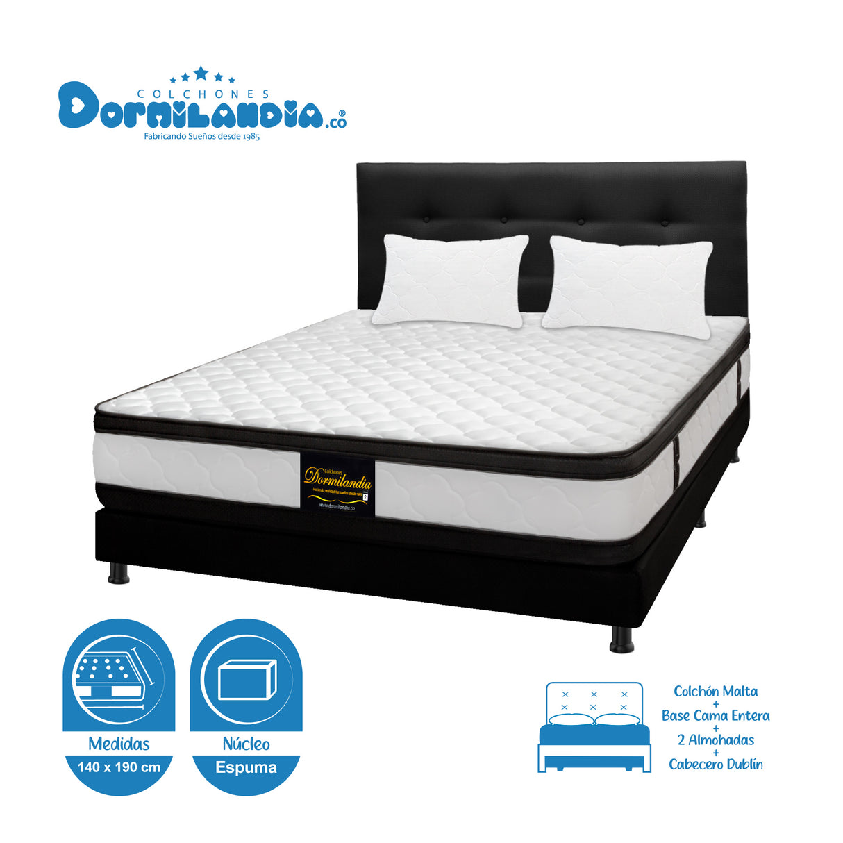Combo Colchón Malta Blanco y Negro Doble 140 X 190 Cm Firmeza Firme Doble Faz Con Cabecero y Base Cama - COLCHONES | Bylmo
