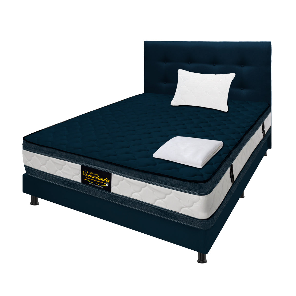 Combo Colchón Marshall Azul Sencillo 100 X 190 Cm Firmeza Medio Doble Faz Con Cabecero y Base Cama - COLCHONES | Bylmo