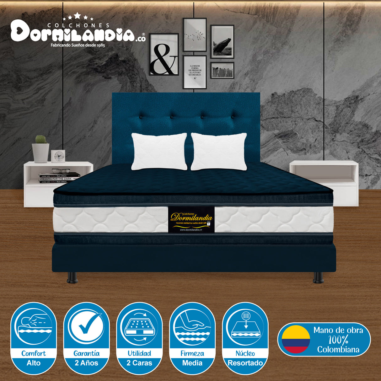 Combo Colchón Marshall Azul Semidoble 120 X 190 Cm Firmeza Medio Doble Faz Con Cabecero y Base Cama - COLCHONES | Bylmo