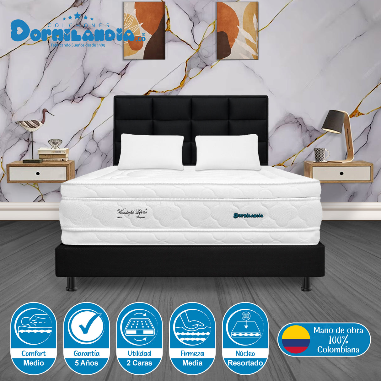 Combo Colchón Wonderful Blanco y Negro Doble 140 X 190 Cm Firmeza Medio Doble Faz Con Cabecero y Base Cama - COLCHONES | Bylmo