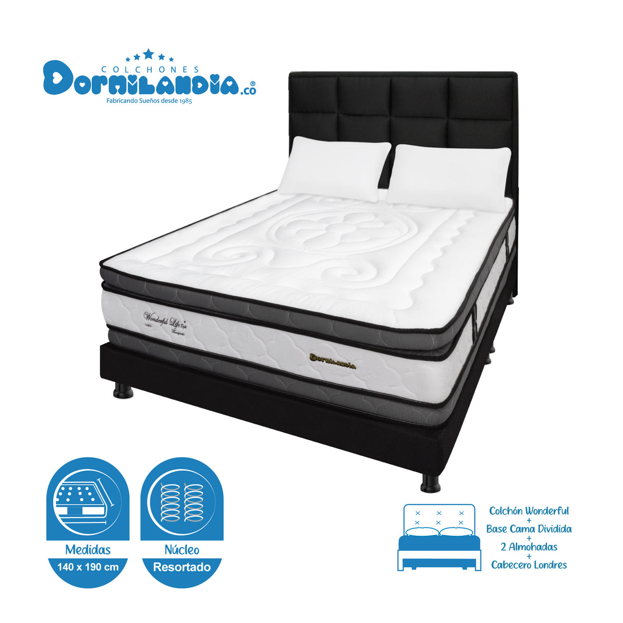 Combo Colchón Wonderful Blanco y Negro Doble 140 X 190 Cm Firmeza Medio Doble Faz Con Cabecero y Base Cama - COLCHONES | Bylmo