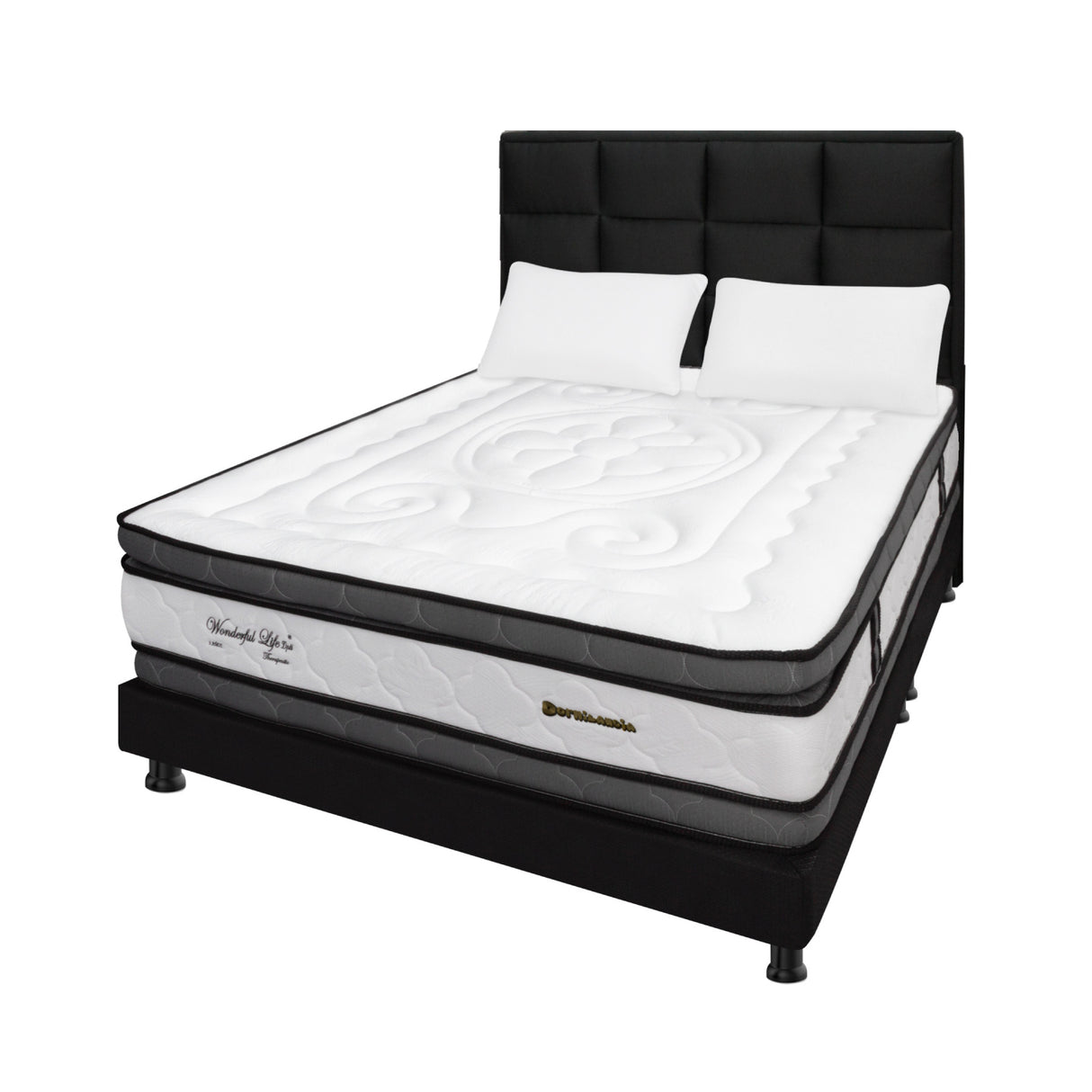 Combo Colchón Wonderful Blanco y Negro Queen 160 X 190 Cm Firmeza Medio Doble Faz Con Cabecero y Base Cama - COLCHONES | Bylmo