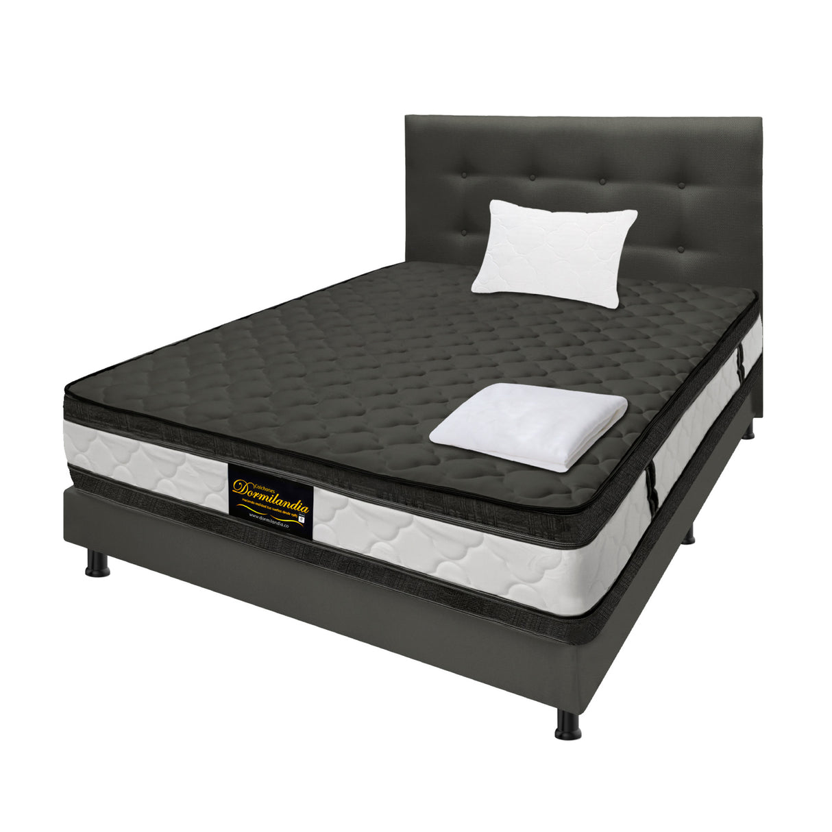 Combo Colchón Marshall Gris Sencillo 100 X 190 Cm Firmeza Medio Doble Faz Con Cabecero y Base Cama - COLCHONES | Bylmo