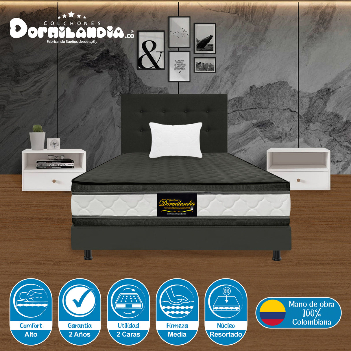 Combo Colchón Marshall Gris Sencillo 100 X 190 Cm Firmeza Medio Doble Faz Con Cabecero y Base Cama - COLCHONES | Bylmo