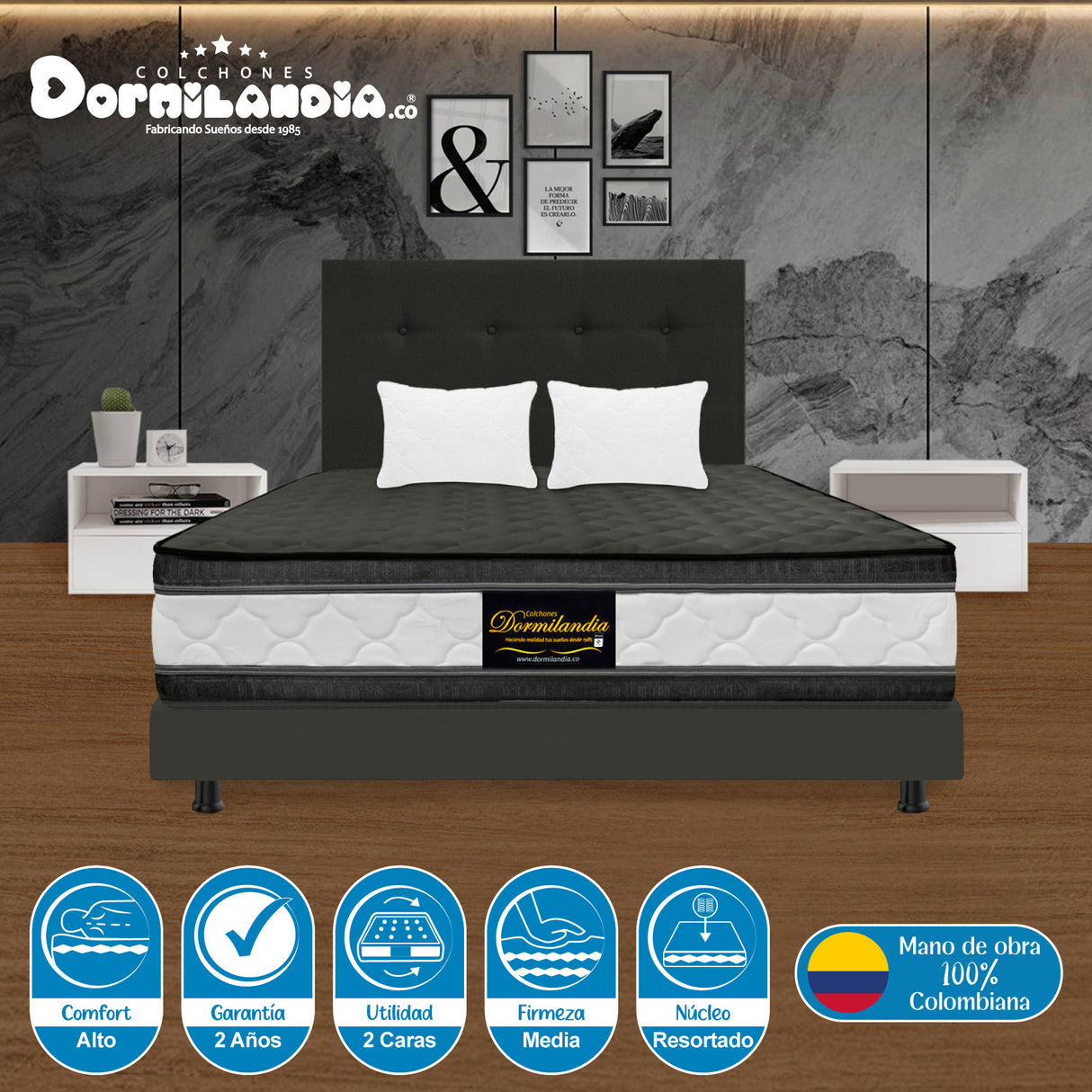 Combo Colchón Marshall Gris King 200 X 200 Cm Firmeza Medio Doble Faz Con Cabecero y Base Cama - COLCHONES | Bylmo