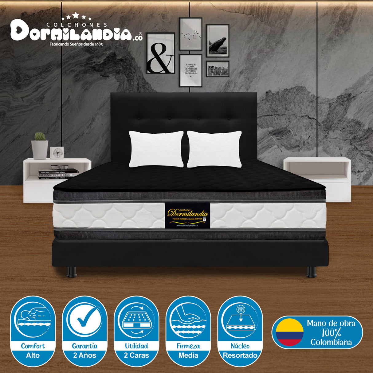 Combo Colchón Marshall Negro Queen 160 X 190 Cm Firmeza Medio Doble Faz Con Cabecero y Base Cama - COLCHONES | Bylmo