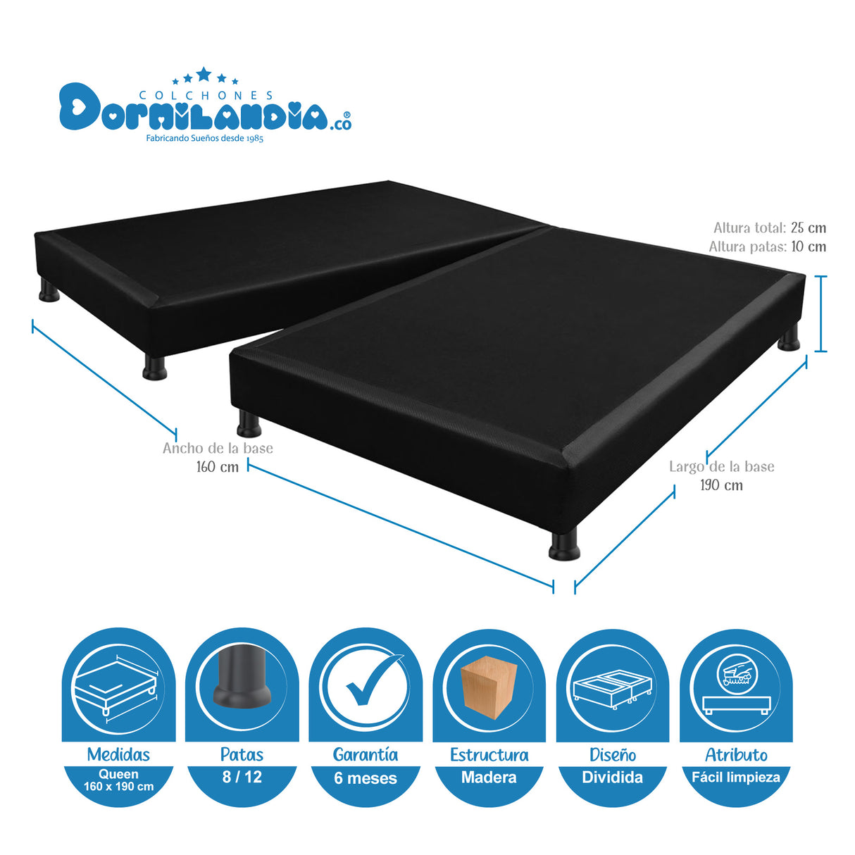 Combo Colchón Marshall Negro Queen 160 X 190 Cm Firmeza Medio Doble Faz Con Cabecero y Base Cama - COLCHONES | Bylmo