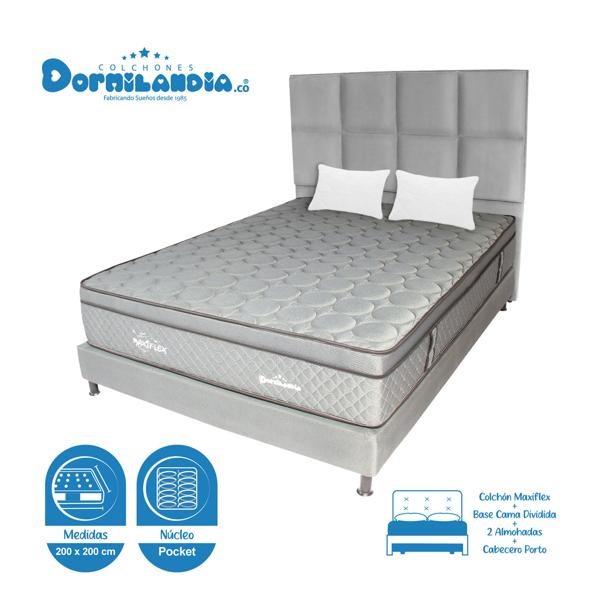 Combo Colchón Maxiflex Gris King 200 X 200 Cm Firmeza Suave Con Cabecero y Base Cama - COLCHONES | Bylmo