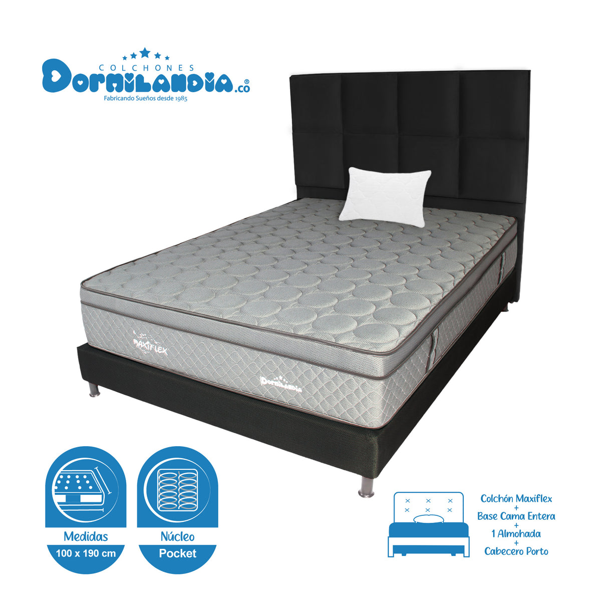 Combo Colchón Maxiflex Gris y Negro Sencillo 100 X 190 Cm Firmeza Suave Con Cabecero y Base Cama - COLCHONES | Bylmo