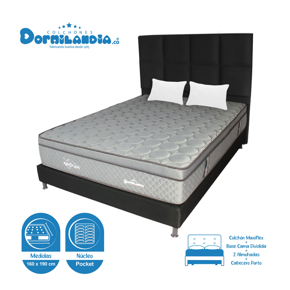 Combo Colchón Maxiflex Gris y Negro Queen 160 X 190 Cm Firmeza Suave Con Cabecero y Base Cama - COLCHONES | Bylmo