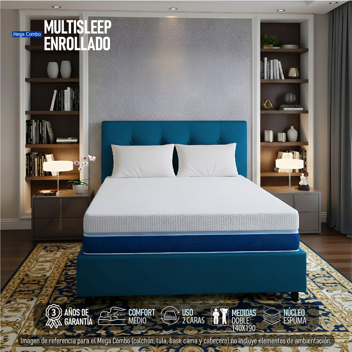 Combo Colchón Enrollado Multisleep Blanco y Azul Doble 140 X 190 Cm Firmeza Medio Doble Faz Con Cabecero y Base Cama