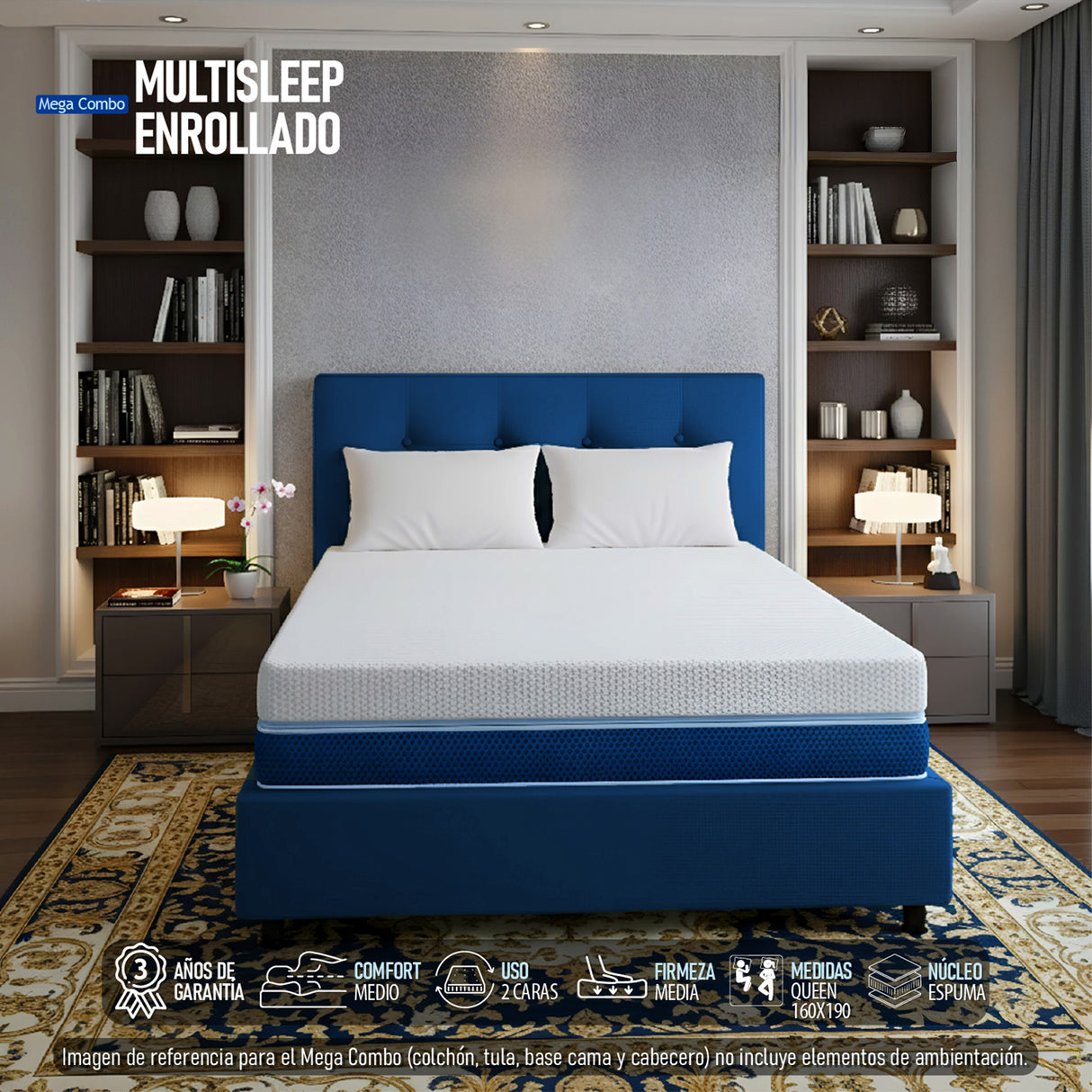 Combo Colchón Multisleep Blanco y Azul Queen 160 X 190 Cm Firmeza Medio Doble Faz Con Cabecero y Base Cama - COLCHONES | Bylmo