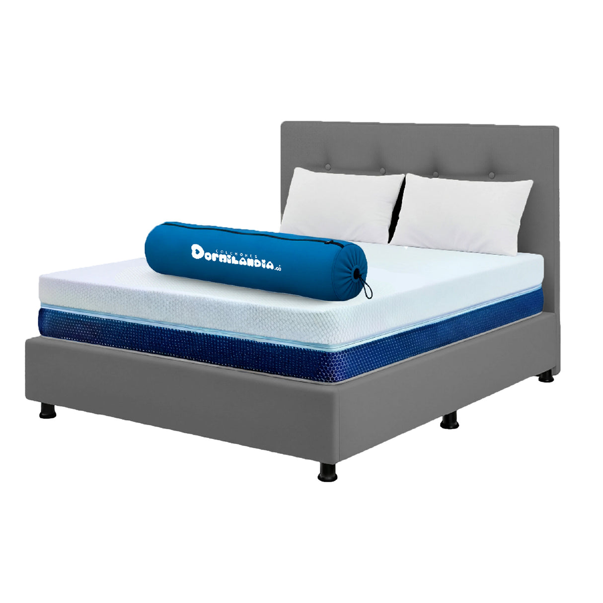 Combo Colchón Enrollado Multisleep Blanco y Gris Semidoble 120 X 190 Cm Firmeza Medio Doble Faz Con Cabecero y Base Cama