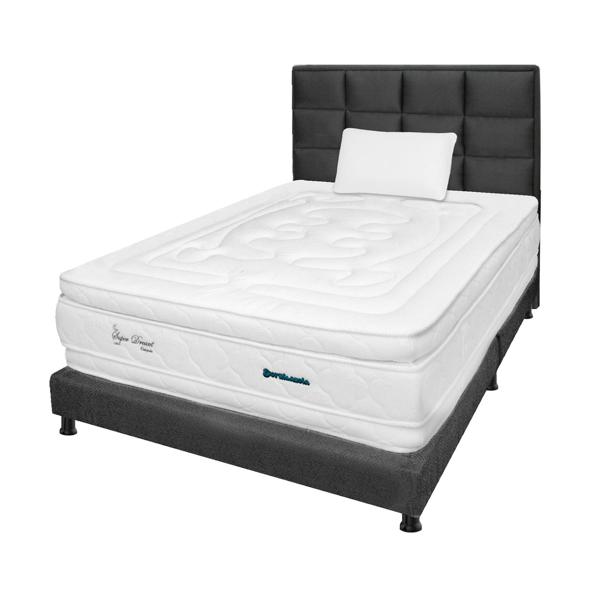 Combo Colchón Super Dream Blanco y Gris Sencillo 100 X 190 Cm Firmeza Firme Doble Faz Con Cabecero y Base Cama - COLCHONES | Bylmo